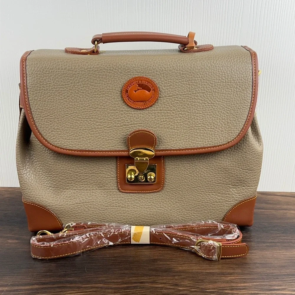 Dooney & Bourke All Weather Leather Satchel Briefcase Taupe Tan Vintage Bag